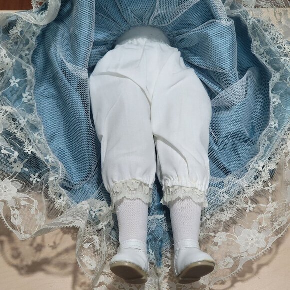 VTG Porcelain Doll Green Eyes Blue Satin Dress White Lace Trim Matching Bonnet - Picture 9 of 14